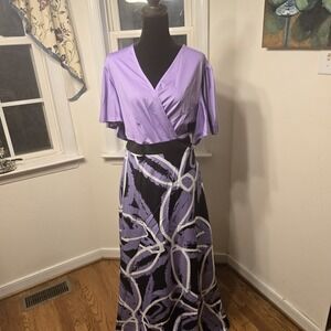 Womens 2XL Purple Black White Abstract Print Maxi Dress Flutter Sleeve